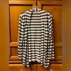 Myobe Women’s Cotton Open Front Cardigan Grey White Striped Elbow Patch Sz XXL